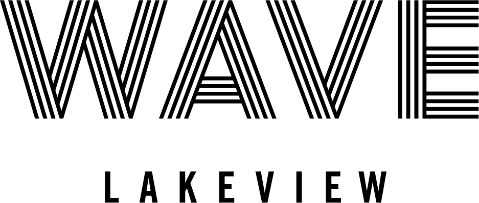 A black and white image with the words "WAVE" and "LAKEVIEW" in bold, stylized text.